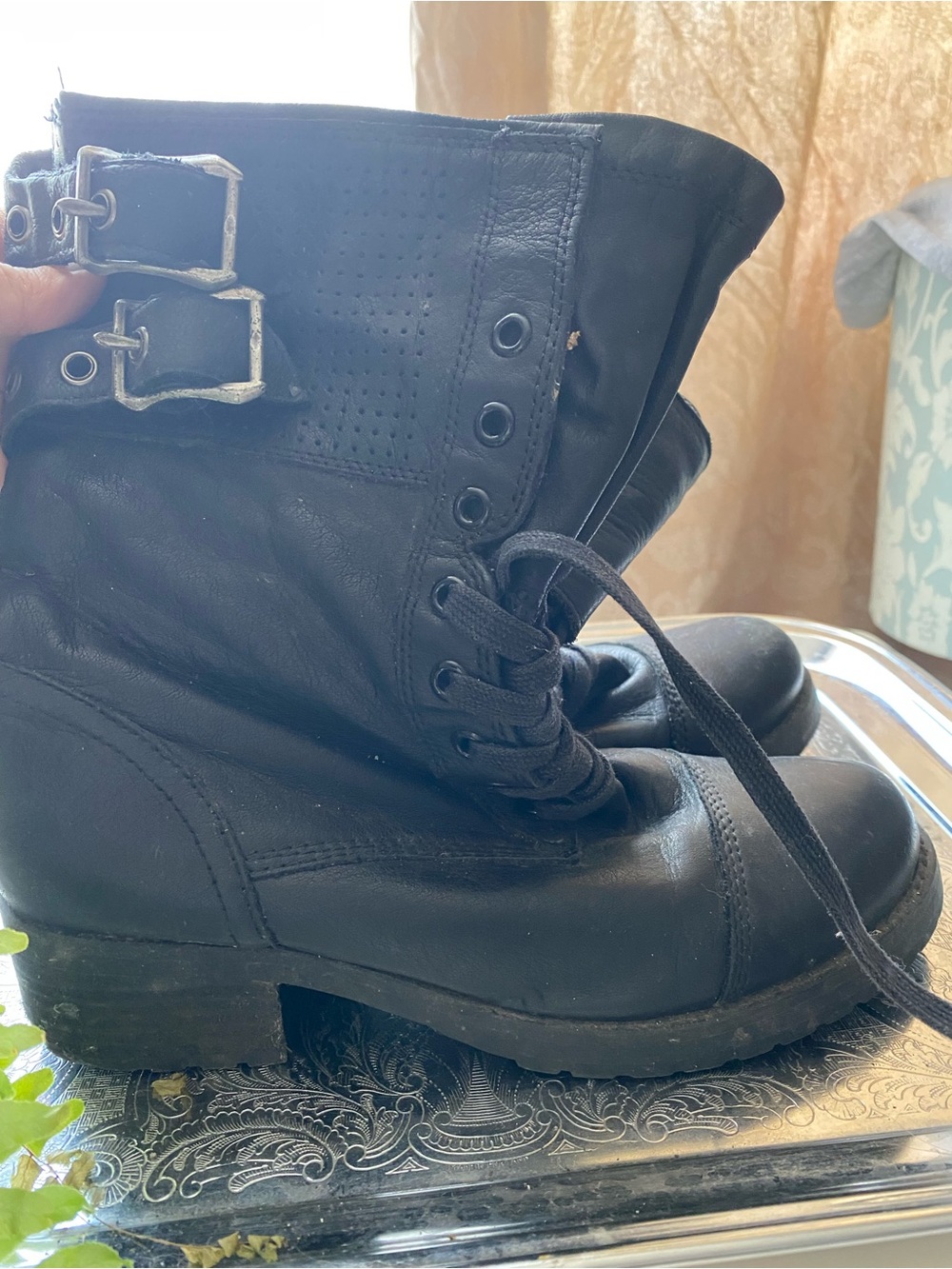 Aldo Black Lace-Up Combat Boots with Buckle Accents